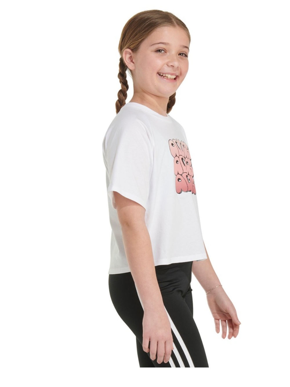 Adidas Girls Short Sleeve Waist Length Raglan White Tee w/pink graphic.Sz. L(14)